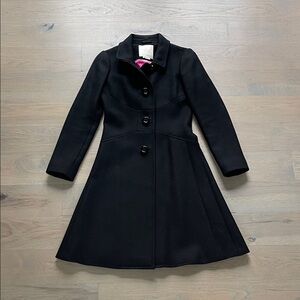 Kate Spade Black Tiera 100% wool coat, pink satin lining, size 0